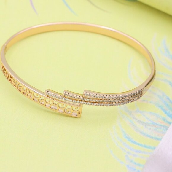 Rose Gold Bangle with Cutout Scroll Design and Triple Row Stones, XPBL0526 - Picture 2 of 12